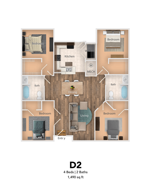 Floor plan for 4 beds, 2 baths, 1490 sqft